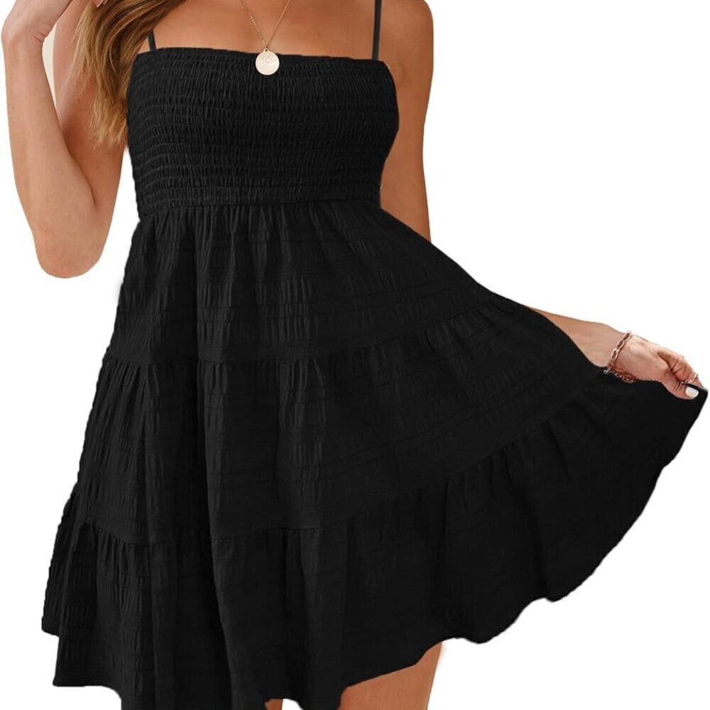 Women Sleeveless Smock Mini Dress Summer Boho Casual Swing Black Medium